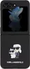 A black flip phone case with a screen showing a blue abstract image and a graphic of Karl Lagerfeld and his cat Choupette on the lower half. Podgląd zdjęcia produktu