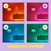 A collage of four images showing different lighting scenes in a room with a floor lamp and a cabinet, each with a different color scheme and an icon representing a lighting scene. Voir les images du produit