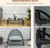A collage of images showing a dog bed with and without a canopy, and close-ups of its construction. Náhľad obrázku produktu