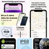A collage of product features for a tracker device, including notifications, battery life, sound, dimensions, compatibility, waterproofing, and global tracking. Produktbild-Vorschau