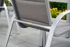 Close-up of the back of an outdoor chair with a small gold logo on the frame. Produktbild-Vorschau