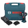 A Bosch cordless hammer drill kit with a case, two batteries, and a charger, displayed on a white background. Voir les images du produit