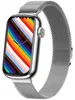 A smartwatch with a colorful striped watch face and a silver mesh band, shown against a white background. Produktbild-Vorschau