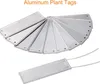 A fan of aluminum plant tags is displayed, with one tag shown separately with wires. Produktbild-Vorschau