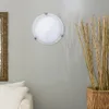 A round ceiling light fixture is mounted on a light gray wall, next to a decorative basket of bamboo stalks. A portion of a white sofa and a framed mirror are visible on the left side of the image. Produktbild-Vorschau