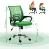 A green office chair with dimensions indicated by text and arrows, and two illustrations of children sitting on similar chairs. Produktbild-Vorschau