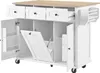 A white kitchen island with a wooden countertop is shown with its doors and drawers open, revealing storage compartments and a pull-out trash bin. Náhled obrázku produktu