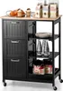 A black kitchen cart with a wooden top, filled with various items like bread, pastries, bottles of water, plates, and boxes of baking mix. Podgląd zdjęcia produktu