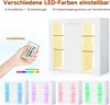 A hand holding a remote control for LED lights next to a white cabinet with LED lighting, and multiple smaller images of the cabinet with different LED colors. Podgląd zdjęcia produktu
