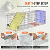 An image showing a metal animal trap with highlighted sections and three steps demonstrating its setup. Produktbild-Vorschau