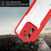 A red and clear phone case is shown in a dynamic, action-oriented scene, suggesting protection against drops. Produktbild-Vorschau