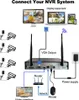 Diagram showing how to connect an NVR system, including cameras, display equipment, router, and power supply. Podgląd zdjęcia produktu
