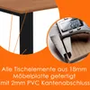 A close-up of a table edge and a caliper measuring its thickness, with text overlay describing the product's material and edge finishing. Voir les images du produit