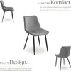 A collage of images showcasing a gray upholstered chair with black legs, accompanied by descriptive text highlighting its design and comfort. Produktbild-Vorschau