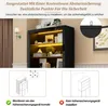 The image shows a black cabinet with LED lighting and decorative items on shelves, along with two diagrams illustrating how to install an anti-tip device. Anteprima dell’immagine prodotto