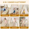 A collage of six images showcasing a children's climbing set with various features like a slide, swing, tent, and climbing net, with children interacting with the equipment. Podgląd zdjęcia produktu