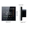 A digital thermostat with a touchscreen display and dimensions shown. Produktbild-Vorschau