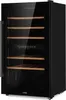 A modern black wine refrigerator with wooden shelves and a glass door. Produktbild-Vorschau