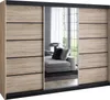 A sliding door wardrobe with a mirrored center panel, reflecting a living room scene with a sofa and lamp. Produktbild-Vorschau