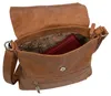 An open brown leather handbag with a red wallet inside, shown against a white background. Produktbild-Vorschau