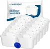 A large group of white water filter cartridges are arranged in rows, with a package of the same product in the background. Produktbild-Vorschau