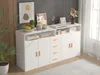 A white sideboard with orange handles is shown in a room with a gray wall and a window with sheer curtains. Voir les images du produit