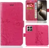 A collage of images showing a pink phone case with a floral and butterfly design, including a view of the case open with cards and currency inserted, and a view of the back of the case showing the camera cutout. Produktbild-Vorschau