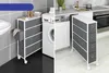 A collage showing a narrow storage unit with drawers in a bathroom and kitchen setting. Náhled obrázku produktu
