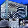 A collage of images showing white LED net lights used for decoration in various settings, including a gazebo, a bush, a sofa with a Christmas tree, and a table setting. Podgląd zdjęcia produktu