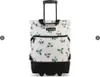 A white rolling bag with a floral pattern and a black base and handle. Voir les images du produit