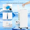 A person is pouring water into a white air cooler, with inset images showing its features. Voir les images du produit