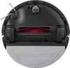 The underside of a black robot vacuum cleaner with its main brush, wheels, and mopping pad visible. Produktbild-Vorschau