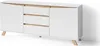 A white sideboard with wood accents and angled legs, shown against a white background. Produktbild-Vorschau