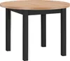 A round dining table with a wooden top and black legs, shown against a white background. Produktbild-Vorschau