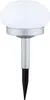 A single solar garden light with a white spherical top and a silver pole with a black pointed stake. Produktbild-Vorschau
