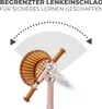 A close-up of a pink balance bike's handlebars and basket, with a graphic indicating steering range. Produktbild-Vorschau