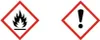 Two hazard symbols are displayed side-by-side on a white background. The symbol on the left depicts flames above a horizontal line, indicating flammability. The symbol on the right is an exclamation mark, signifying a hazard or warning. Produktbild-Vorschau