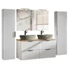 A modern bathroom vanity set with double sinks, mirror, and two tall cabinets, presented against a white background. Produktbild-Vorschau