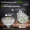 A marketing image showcasing a food mill and a mixing bowl with dimensions and weight indicated. Produktbild-Vorschau