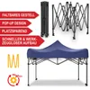 A blue pop-up pavilion frame and canopy are shown with marketing text and icons. Produktbild-Vorschau
