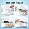 Collage of four steps to clean items using an ultrasonic cleaner. Voir les images du produit