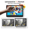 A hand is shown using a stylus on a tablet displaying digital art. Below, two smaller images compare the screen real estate of a 16:9 aspect ratio tablet with a 3:2 aspect ratio tablet. Produktbild-Vorschau
