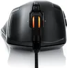 A black gaming mouse with orange LED accents is shown from a top-down perspective on a white reflective surface. Produktbild-Vorschau