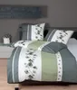 A neatly made bed with a duvet and pillows, showcasing a green and white floral bedding set. Produktbild-Vorschau