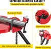 Close-up views and feature callouts of a red pipe vise. Podgląd zdjęcia produktu