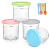 A set of four clear plastic containers with colored lids and four small spoons, arranged in a group on a white background. Produktbild-Vorschau