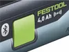 A close-up view of a Festool battery pack, showing a green button, a Bluetooth symbol, and text indicating the battery's capacity and brand. Produktbild-Vorschau