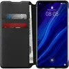 A black leather wallet-style phone case with a Huawei P30 phone inserted. Produktbild-Vorschau