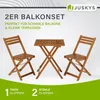 A wooden balcony set with a table and two chairs, presented on a white and gray background with text overlays. Produktbild-Vorschau