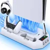 A white charging stand for a PlayStation 5 controller, with a PS5 console and headphones also visible. Blue lines indicate airflow from the stand. Produktbild-Vorschau